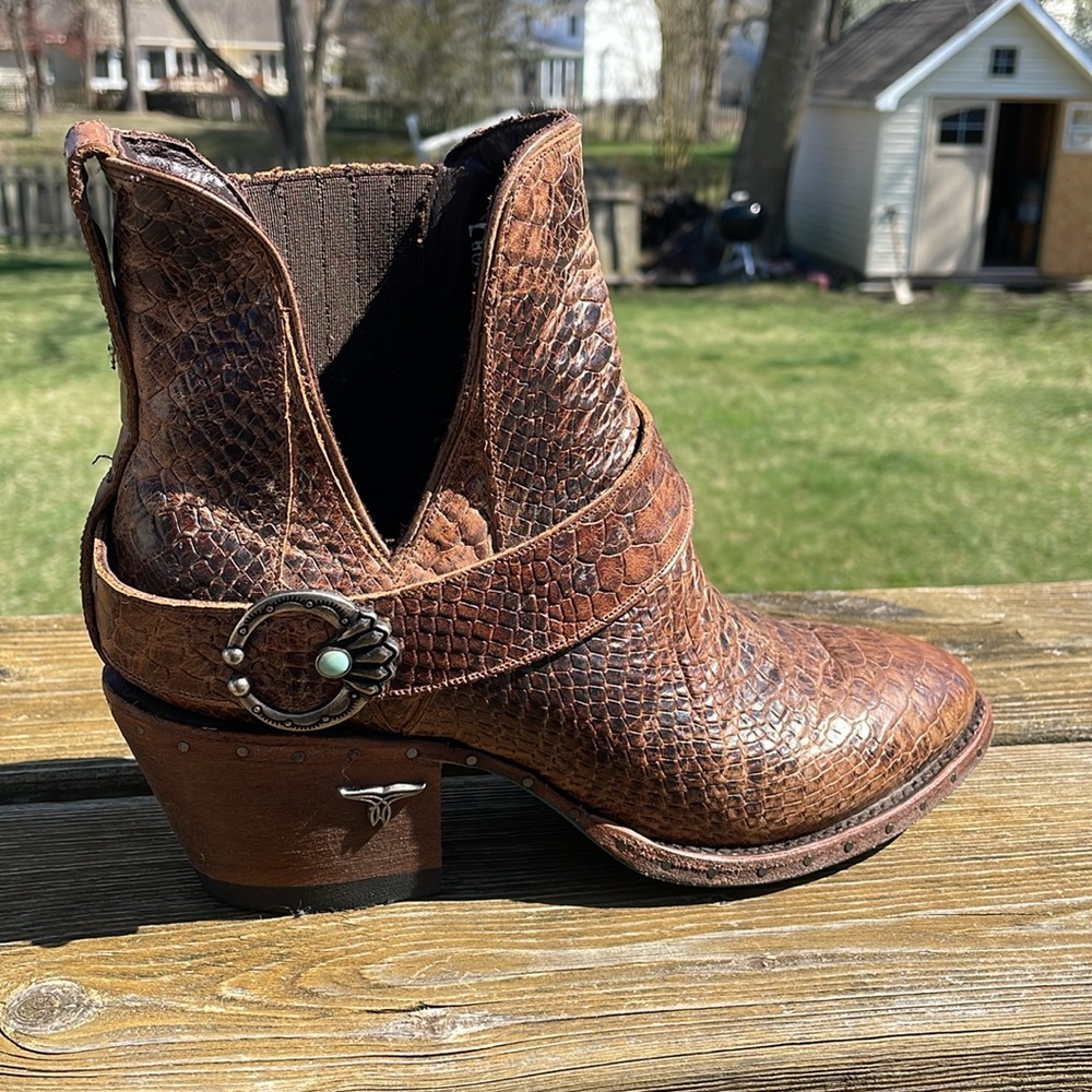Lane Mattie Sz 7.5 Brown Croc Leather Western Ankle Booties - Picture 4 of 15